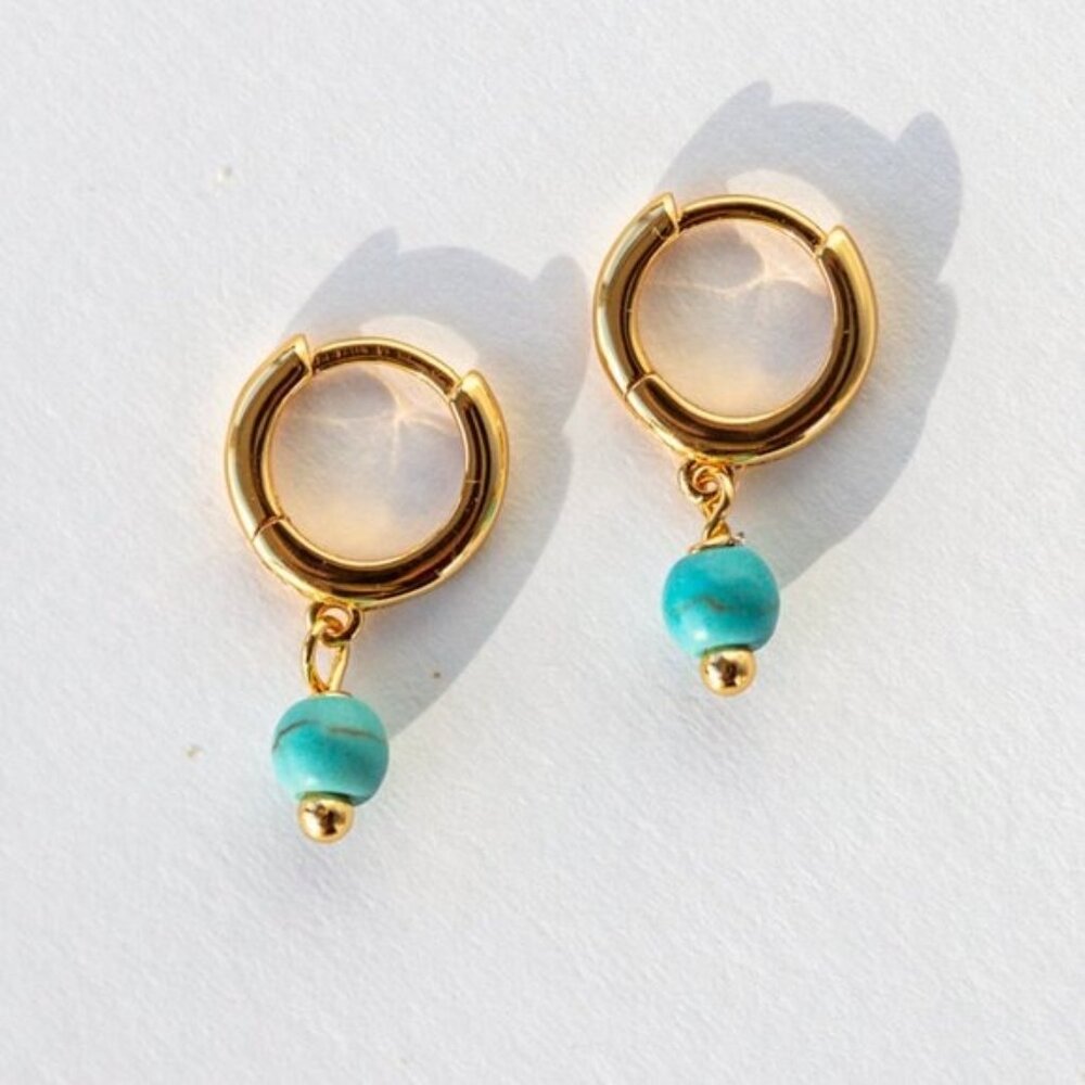 Gold Hoop Earrings with Turquoise Bead Drop